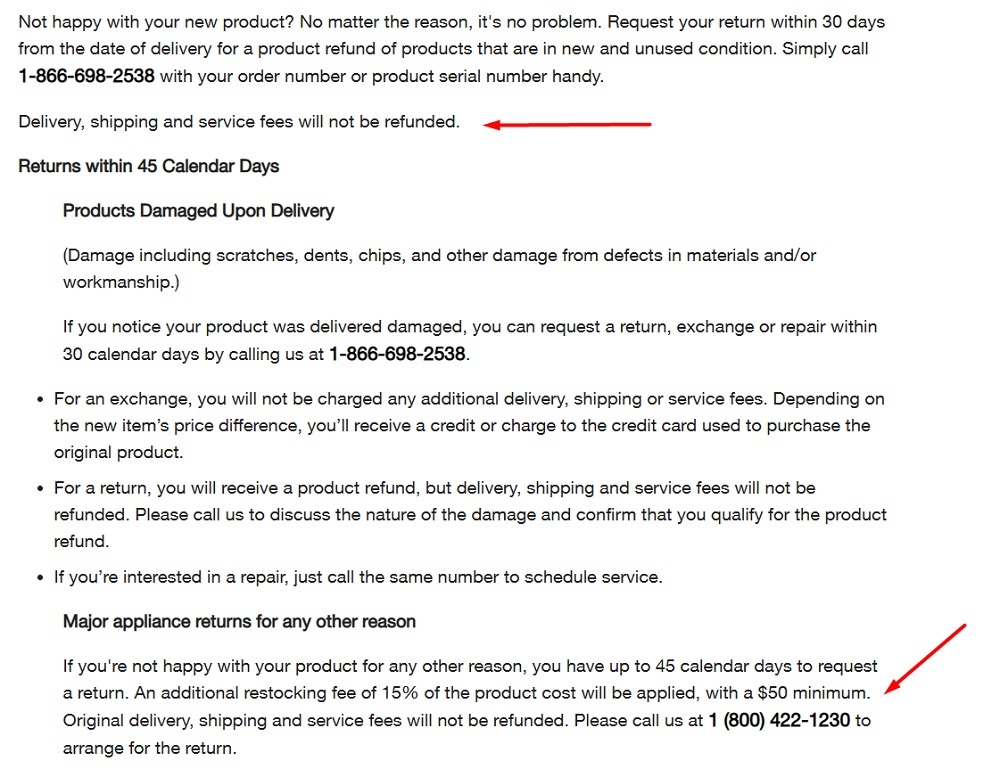 Whirlpool Return Policy excerpt