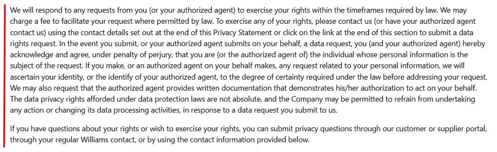 Williams International Privacy Policy: User rights clause excerpt