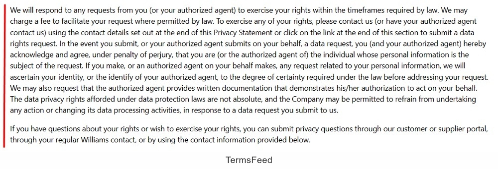Williams International Privacy Policy: User rights clause excerpt