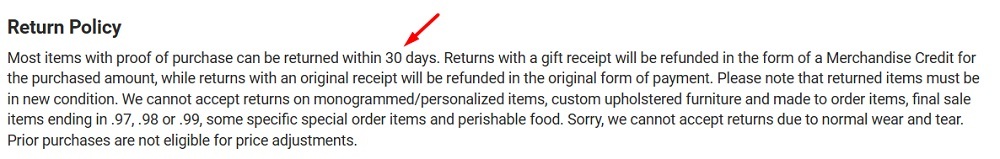 Williams Sonoma Return Policy: 30 days section highlighted