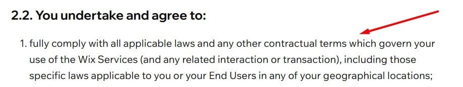 Wix Terms of Use: You undertake and agree to section excerpt