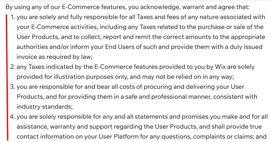 Wix Terms of Use: You warrant, acknowledge and agree to section excerpt