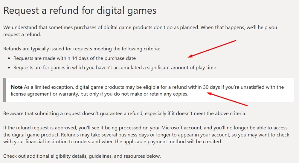 xBox Subscriptions and Billing: Request a refund for digital games page excerpt