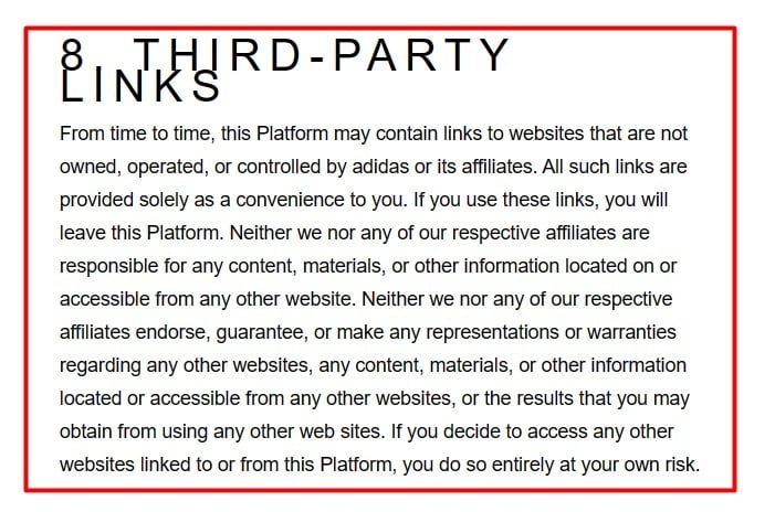 Adidas Terms and Conditions: Third-Party Links clause