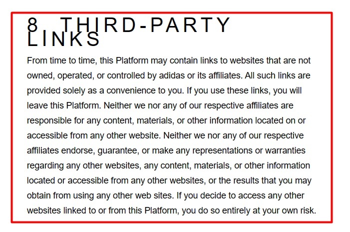 Adidas Terms and Conditions: Third-Party Links clause