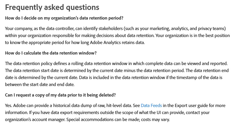 Adobe Analytics Data Retention Policy: FAQ section excerpt