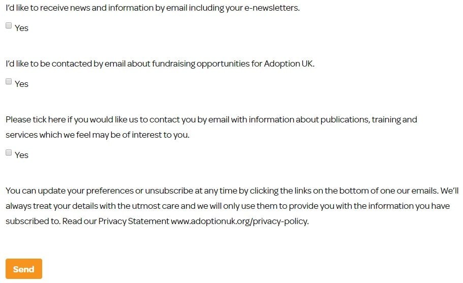 Adoption UK newsletter sign up form checkboxes