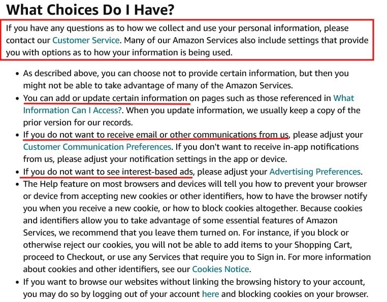 Amazon Privacy Notice: What Choices Do I Have clause excerpt