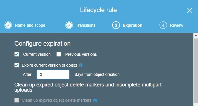 Amazon Web Services Console: Lifecycle rule screen