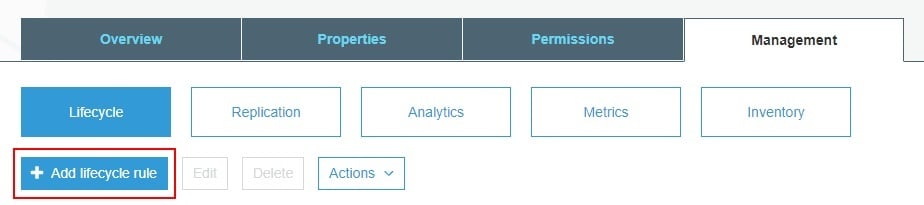 Amazon Web Services Console: Management tab - Add lifecycle rule option highlighted