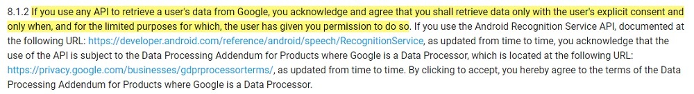 Android Software Development Kit License Agreement: Use of the SDK clause - Consent section