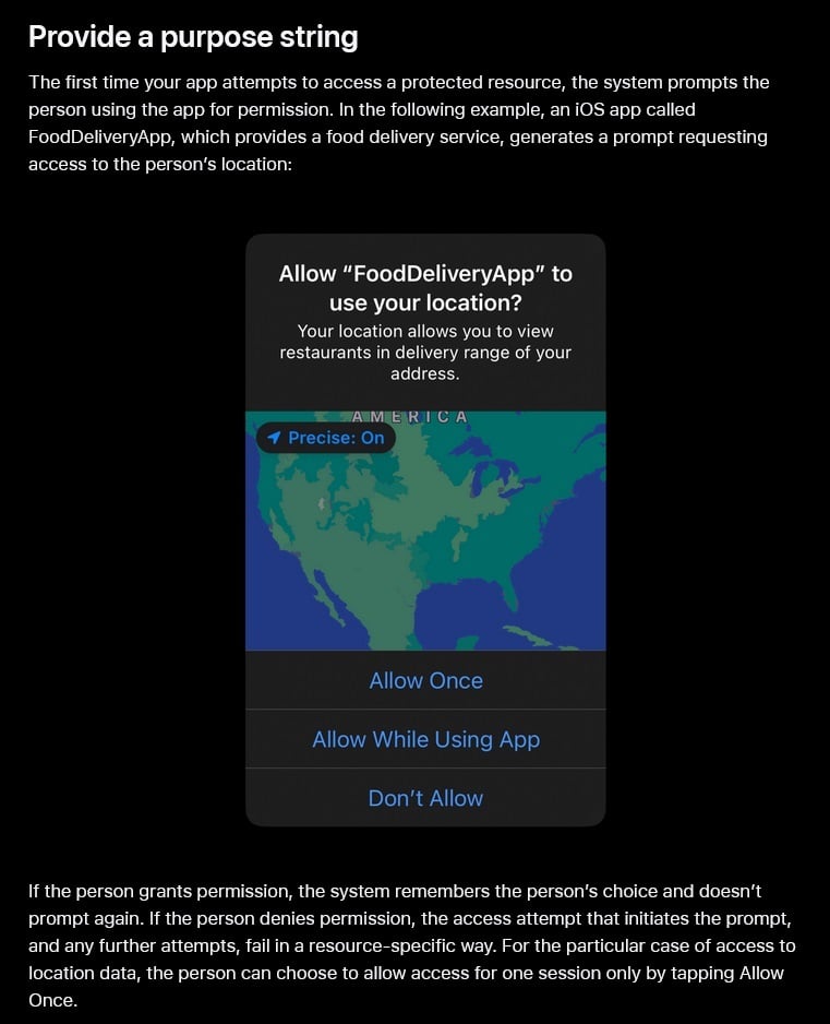 Apple Developer Guide: Requesting Access to Protected Resources - Provide a purpose string section