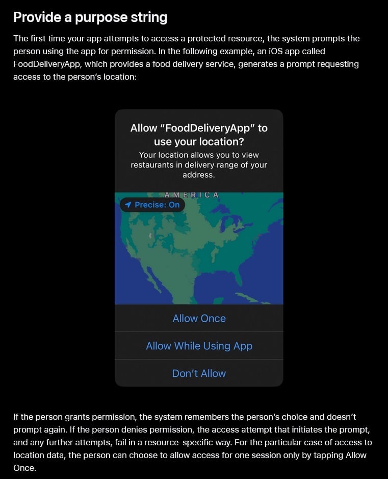 Apple Developer Guide: Requesting Access to Protected Resources - Provide a purpose string section