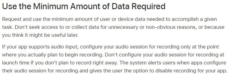 Apple Developer UIKit: Protecting Users Privacy - Use the Minimum Amount of Data Required section