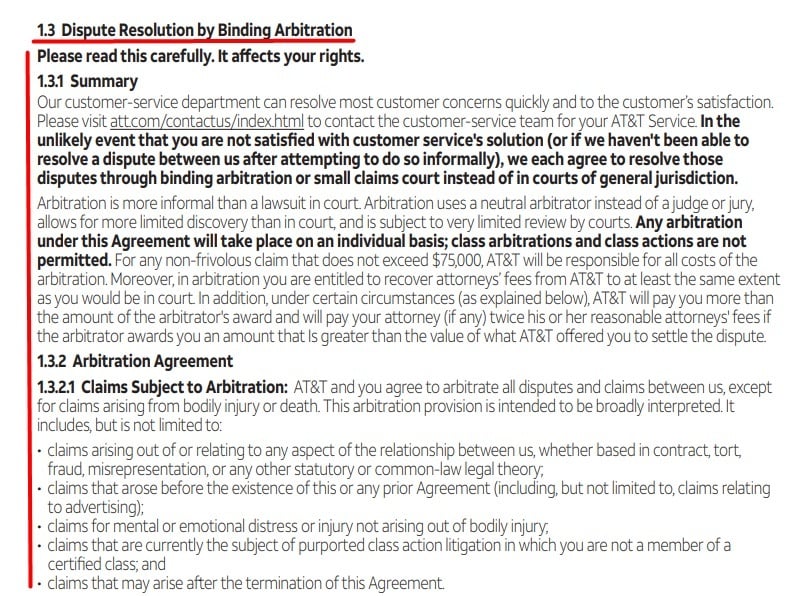 ATT Customer Service Agreement: Dispute Resolution by Binding Arbitration clause