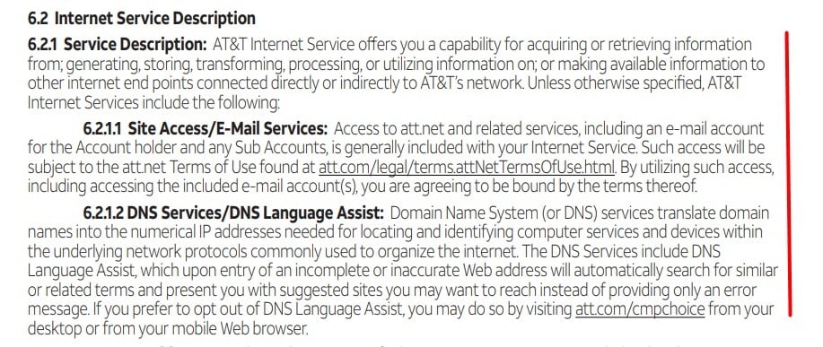 ATT Customer Service Agreement: Internet Service Description clause