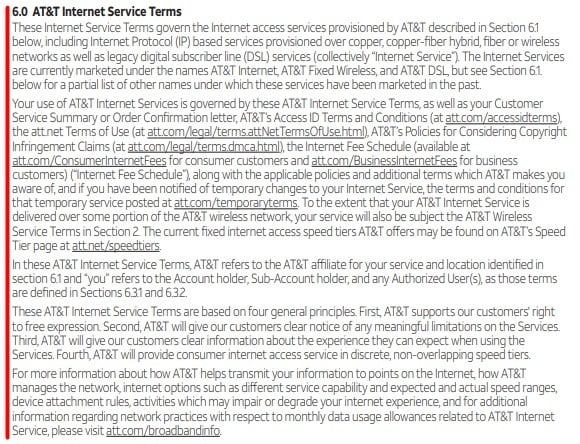 ATT Customer Service Agreement: Internet Service Terms clause