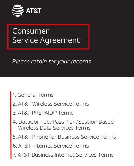 ATT Customer Service Agreement Table of Contents