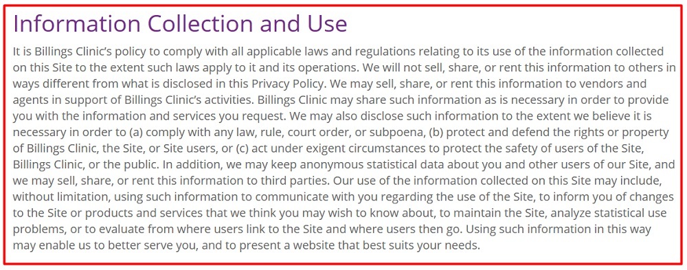 Billings Clinic Privacy Policy: Information Collection and Use clause