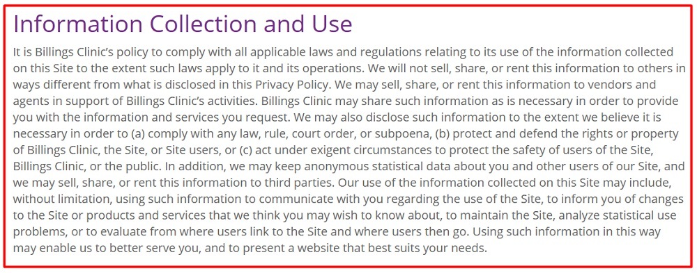 Billings Clinic Privacy Policy: Information Collection and Use clause