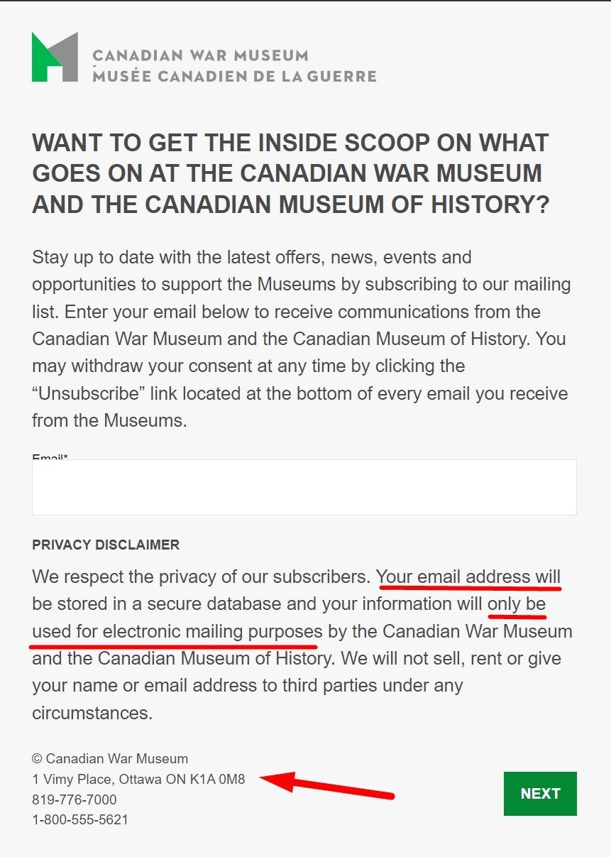 Canadian War Museum email subscribe form with Privacy Disclaimer