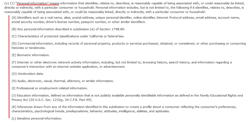 CCPA full text: Definition of Personal Information updated for 2023