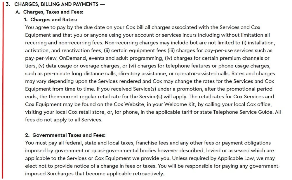 Cox Customer Service Agreement: Charges Billing and Payments clause excerpt