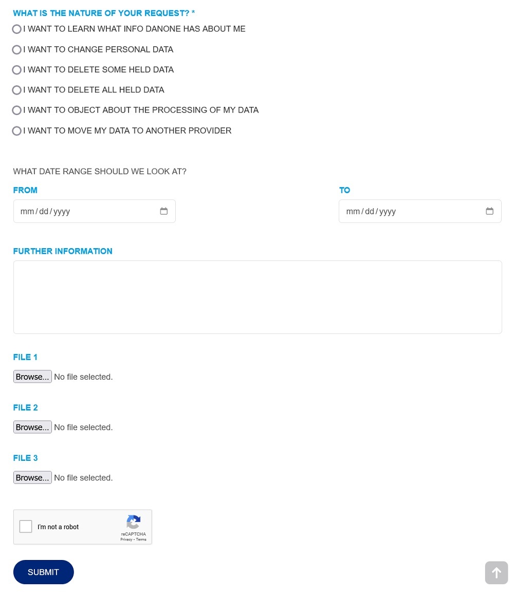 Excerpt of Danone Data Subject Rights Request form