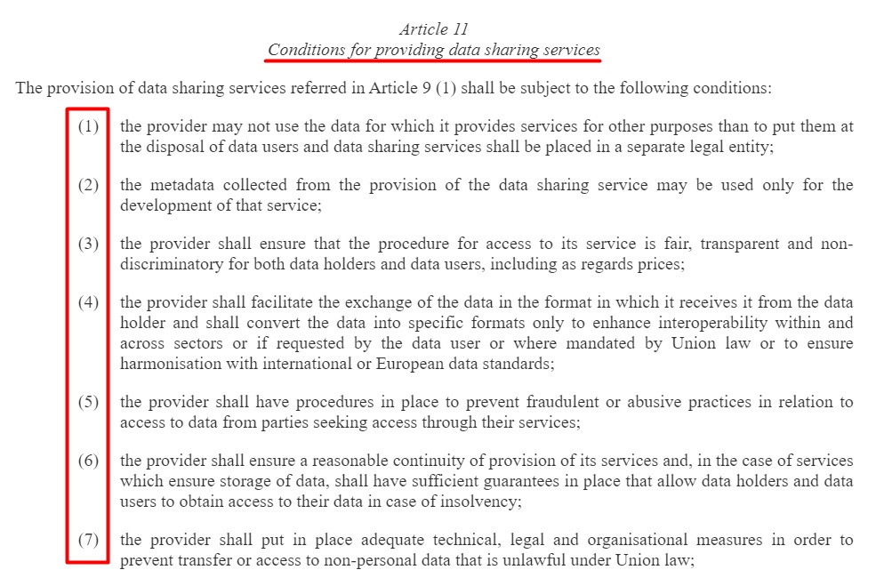 Data Governance Act Article 11: Conditions for providing data sharing services