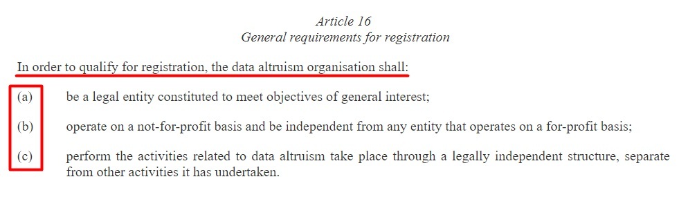 Data Governance Act Article 16: General requirements for registration