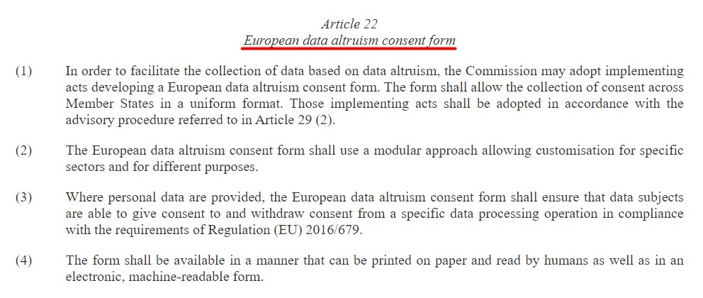 Data Governance Act Article 22: European data altruism consent form