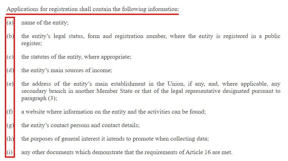 Data Governance Act: Registration requirements section