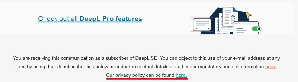 DeepL email with Privacy Policy link highlighted
