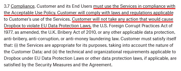 Dropbox Services Agreement: Compliance clause