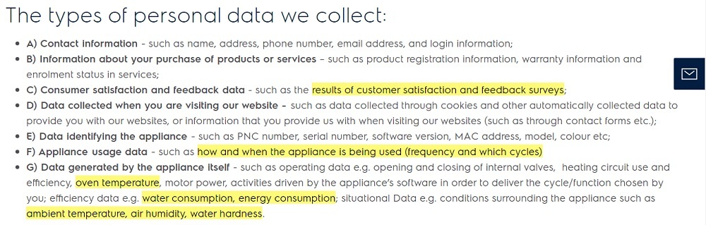 Electrolux Data Privacy Statement: The types of personal data we collect clause