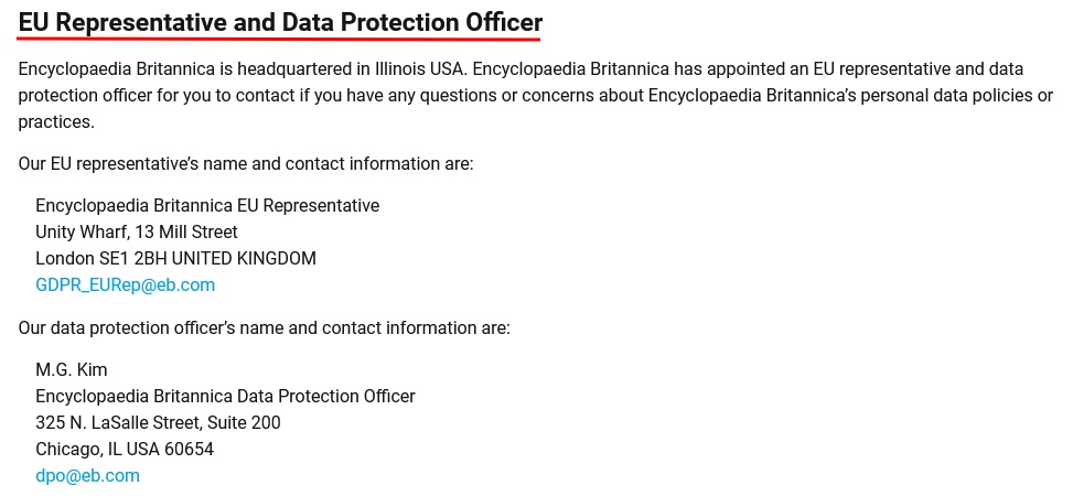 Encyclopaedia Britannica Privacy Policy: EU Representative and Data Protection Officer clause
