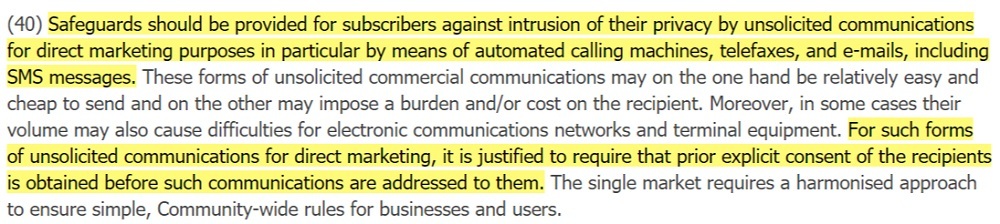 ePrivacy Directive Section 40: Safeguards for subscribers against intrusion of privacy by unsolicited communications