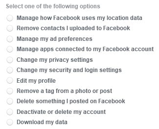 Facebook Manage Data page: Options menu
