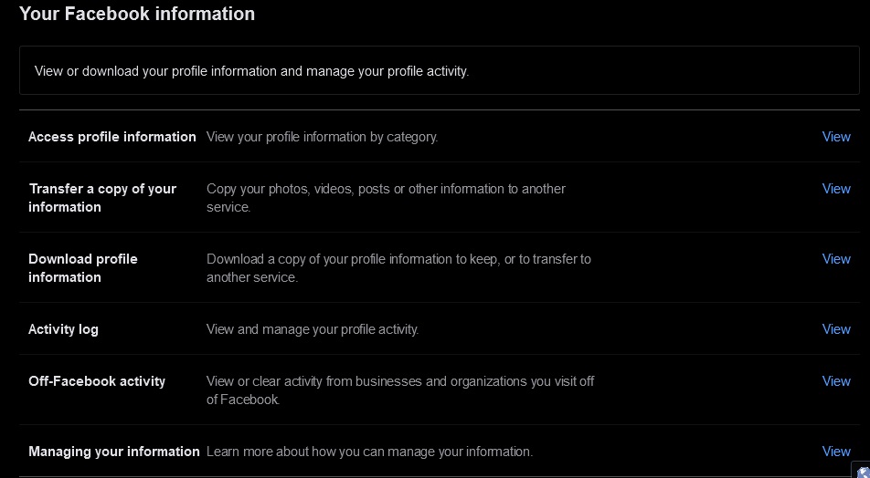 Facebook: Your Facebook Information screen
