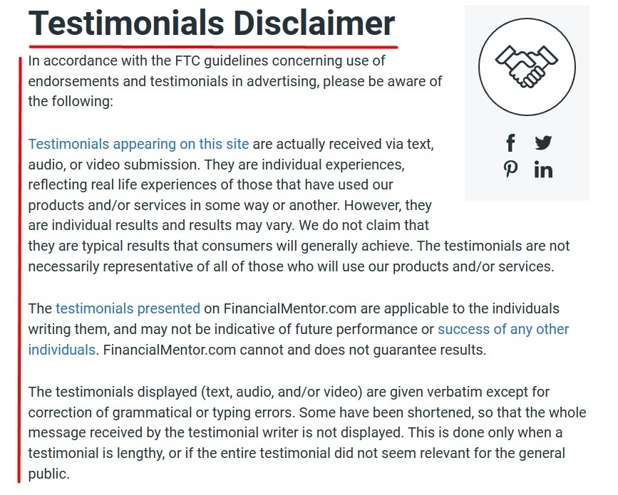 Financial Mentor Testimonials Disclaimer