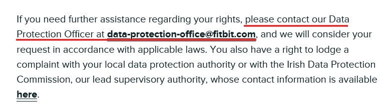 Fitbit Privacy Policy: Contact clause with DPO information highlighted