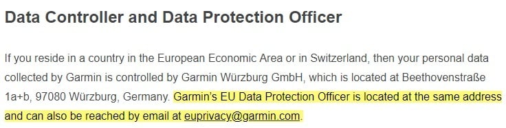 Garmin Connect Privacy Policy: Data Controller and Data Protection Officer clause excerpt