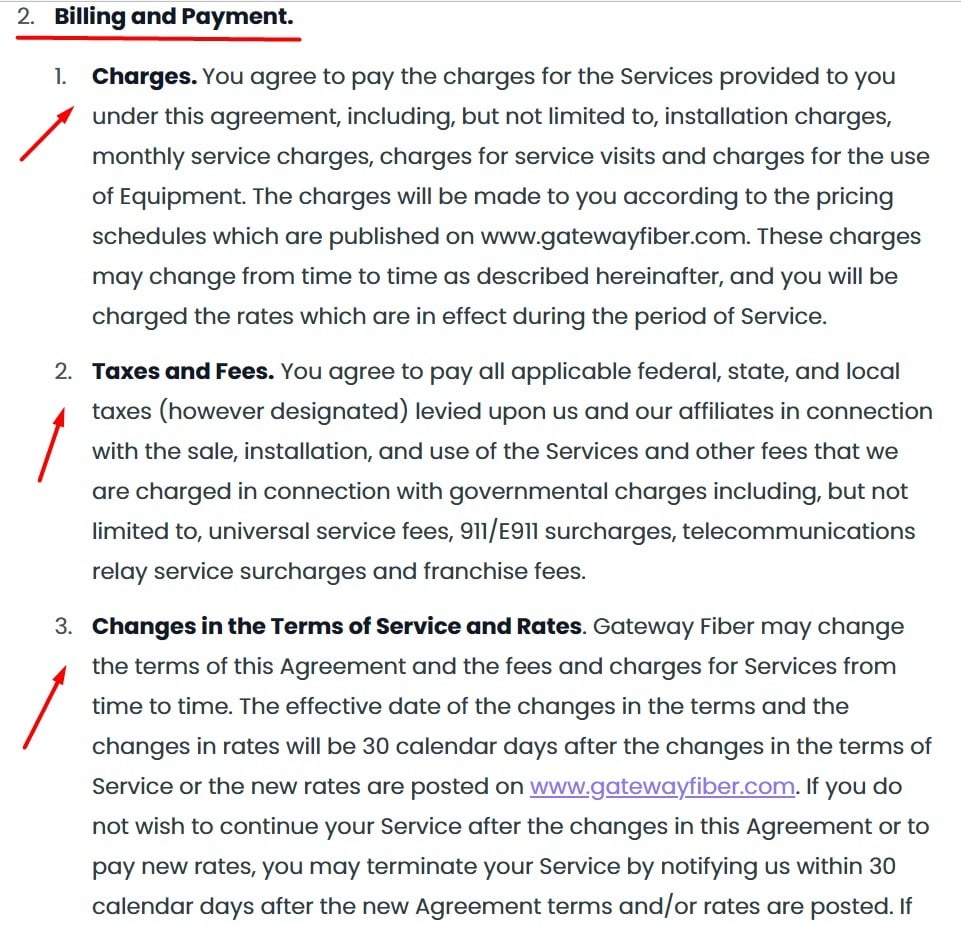 Gateway Fiber Customer Service Agreement: Billing and Payment clause