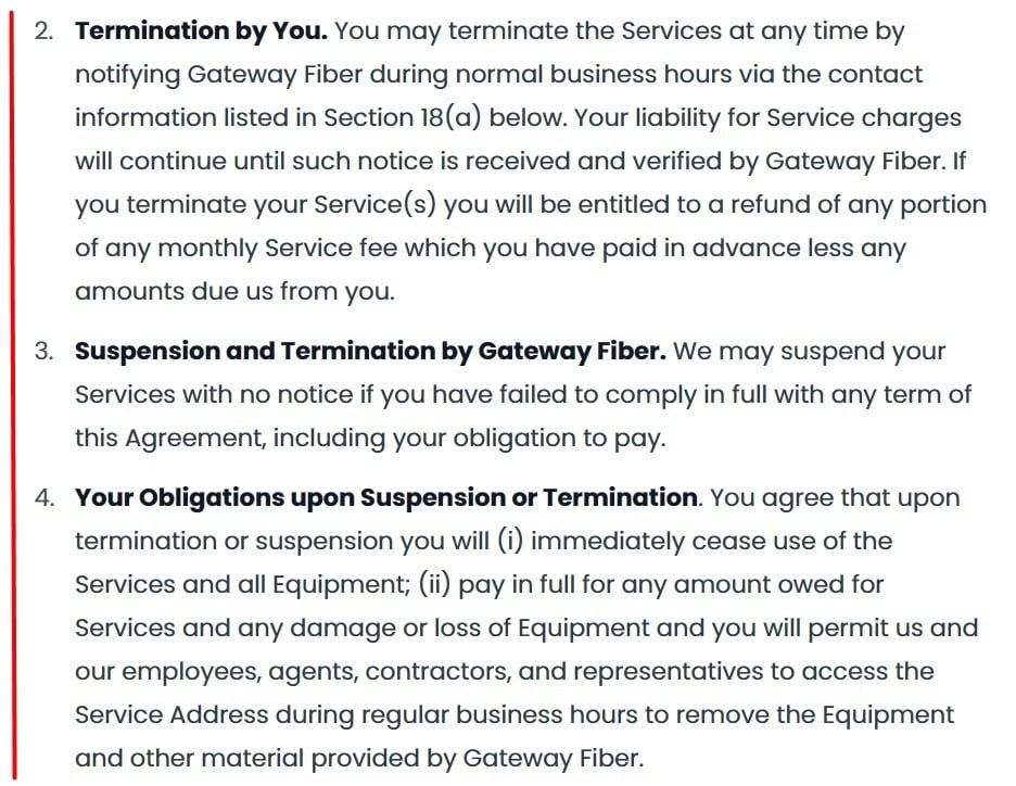 Gateway Fiber Customer Service Agreement: Termination clause