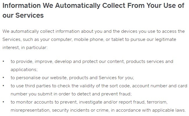 Generic Privacy Policy: Information We Automatically Collect From Your Use of our Services clause