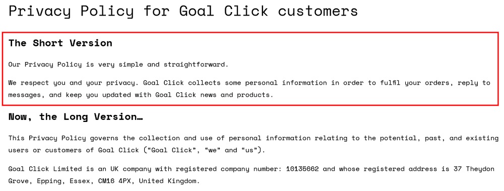 Goal Click Privacy Policy: Short Version highlighted
