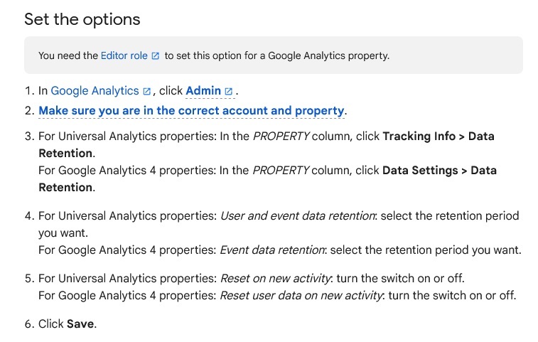 Google Analytics Help: Data Retention - Set the options section