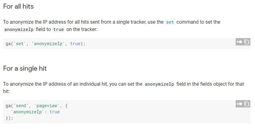 Google Analytics IP Anonymization: For all hits and for single hit sections