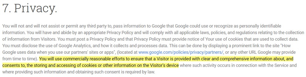 Google Analytics Terms of Service: Privacy clause - Efforts to provide information and obtain consent section highlighted