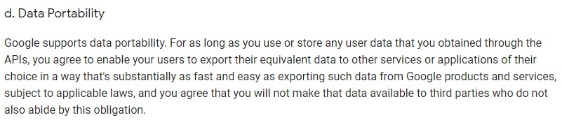Google APIs Terms of Service: Data Portability clause